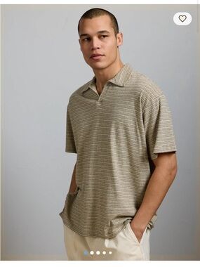 NWT American Eagle Outfitters Men's Beige & Black Striped Short-Sleeve Polo